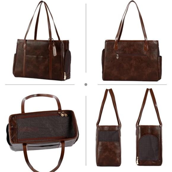 NEW Brown Genuine Leather Pet Carrier Bag Tote Purse - Picture 3 of 7